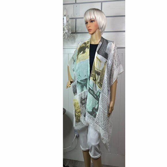 New Newsprint looking Gauze Shawl Vest Kimono Can also use as a Scarf NWOT - Picture 5 of 7